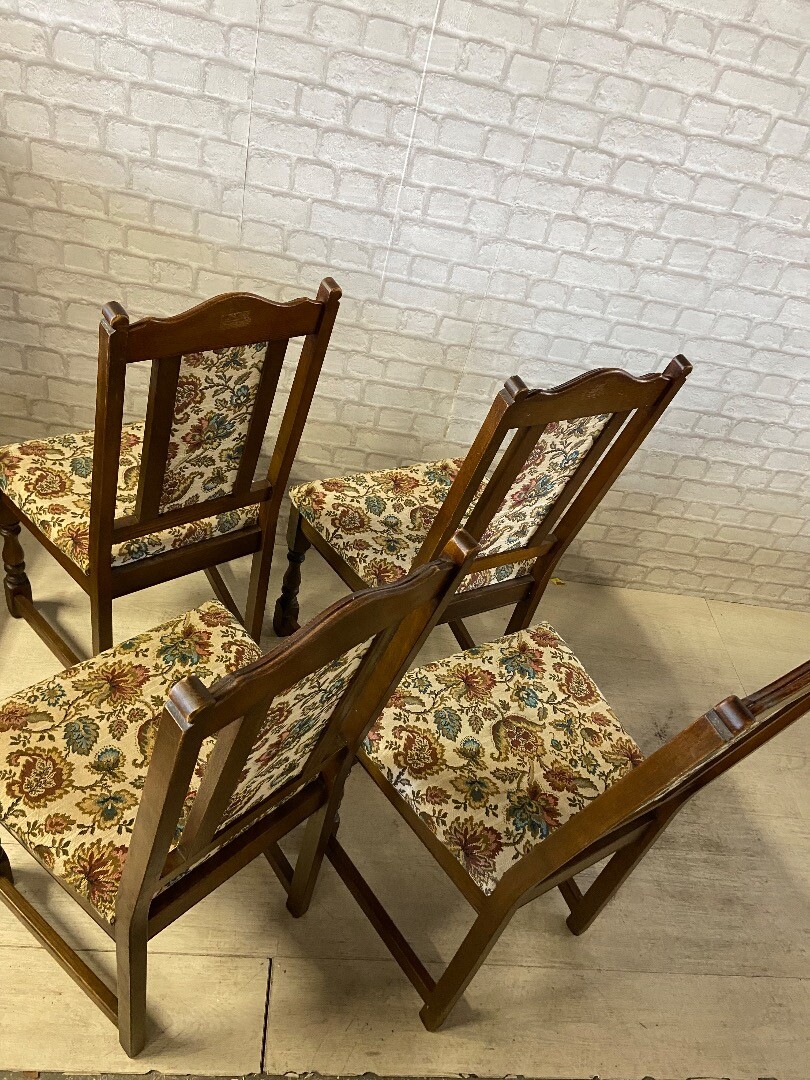 Set of 4 OLD CHARM Dining Chairs Tudor Brown Frame & Trellis Upholstery
