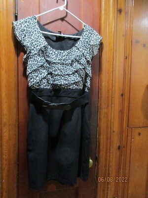 By and By Junior Dress Black Bottom Leopard Ruffle Top Belted NWT Size 13