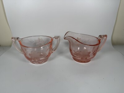 Vintage 1930s Pink Etched Floral Cut Glass Sugar & Creamer