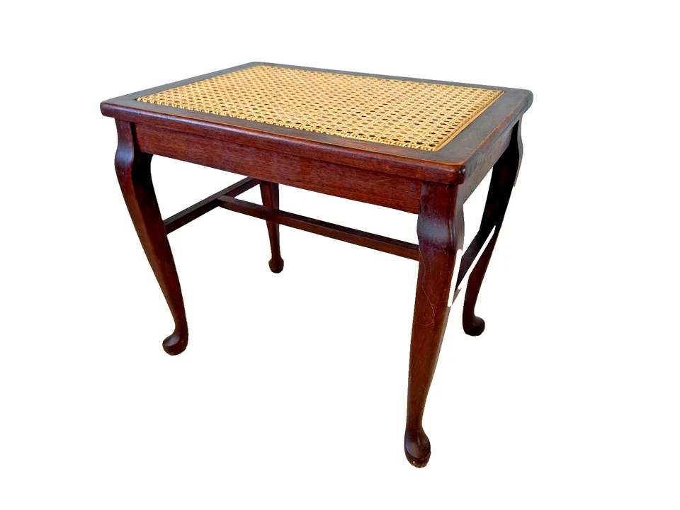 Taburete de caña vintage estilo reina Ana mesa piano banco reposapiés antiguo tocador Foto 3 de 4