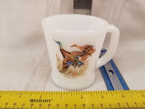 Vintage Fire King Coffee Mug Cup MAllard Duck Milk Glass Made in USA Hunting