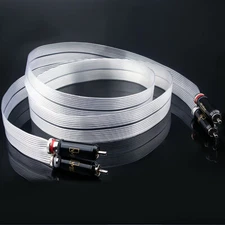 Pair Silver Plated 8N OCC Copper Flat Ribbon RCA Cable Cord for HiFi Speaker