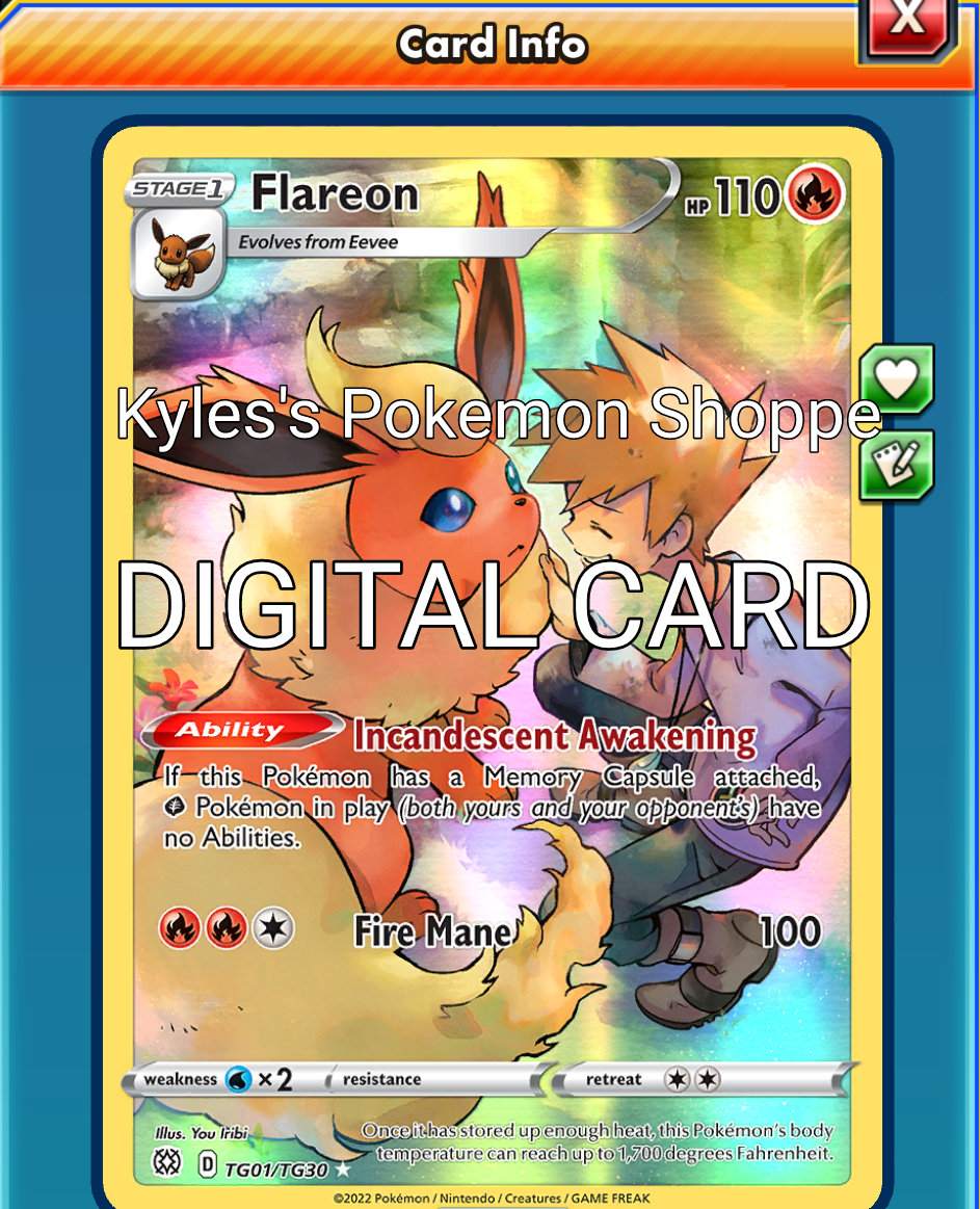 Flareon FA FULL ART Pokemon TCG Online PTCGO TG01/TG30 DIGITAL CARD  SENTFAST | eBay