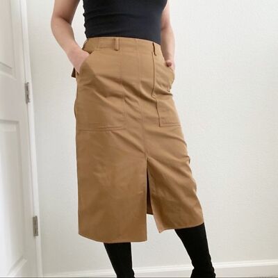 Sofie D Hoore Tan Camel A-line Cargo Utility Pocket Skirt Front Slit 38