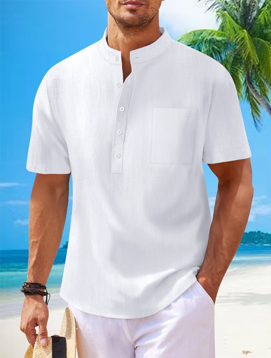 Mens Linen Short Sleeve Henley Shirt Casual Slim Shirts Button