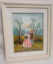 Quadro Acrilico Su Tela Naif - Sposi - J. Stipetic.1975.Tela 20x25.Cornice 29x34