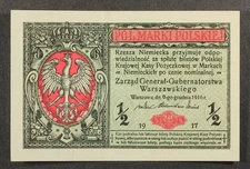 POLAND ½ Marki 1917 P-7 WWI German Occupation Note – AU/UNC Bright Colors