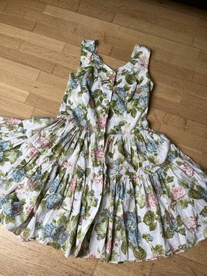 Damen Kleid A-Linie Gr. L Vintage geblümt kurz ärmellos V-Ausschnitt Knöpfe