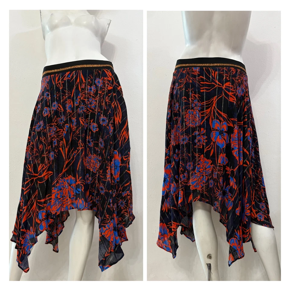 DESIGUAL Gonna nera blu asimmetrica fantasia floreale arancione lurex Tg M - Immagine 2 di 4