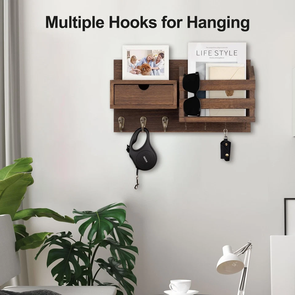 Wall Mount Key Holder with Mail Organizer, 100% Paulownia Wood, 7 Metal Hooks... - Image 4 of 4
