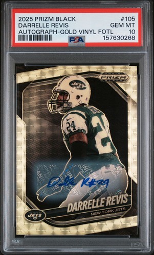 2025 Panini Prizm Black Football Darrelle Revis Gold Vinyl FOTL /5 Auto PSA 10