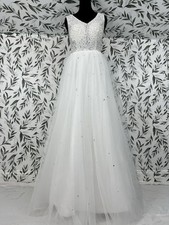 Lace Wedding Bride Tulle V Neck Sequin Beaded Gowns Dress Size 8-10 New