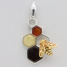 Multi-Color BALTIC AMBER Honey Comb Bee Pendant 925 STERLING SILVER #3355e