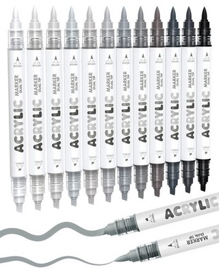 Guangna 12 Grey Dual Tip Acrylic Paint Markers, Brush Tip & Chisel Tip Acrylic