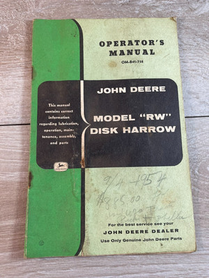 John Deere RW Disk Harrow Operator's Manual Original Vintage Farm Guide