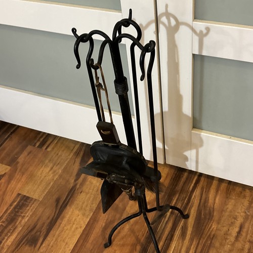 Vintage Fireplace Rustic Heavy Duty Compact Wrought Iron Tools Set w/ Bellow - Picture 5 of 5