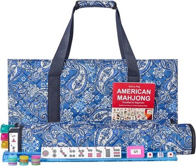 Travel Mahjong Set 166 Tiles Racks Chips Dice Blue Paisley Carry Bag