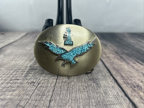 Vintage Nickel Silver Turquois Eagle Oval Belt Buckle