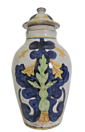 Vintage Italian Majolica Jar with Lid Pottery Italy 9 in.