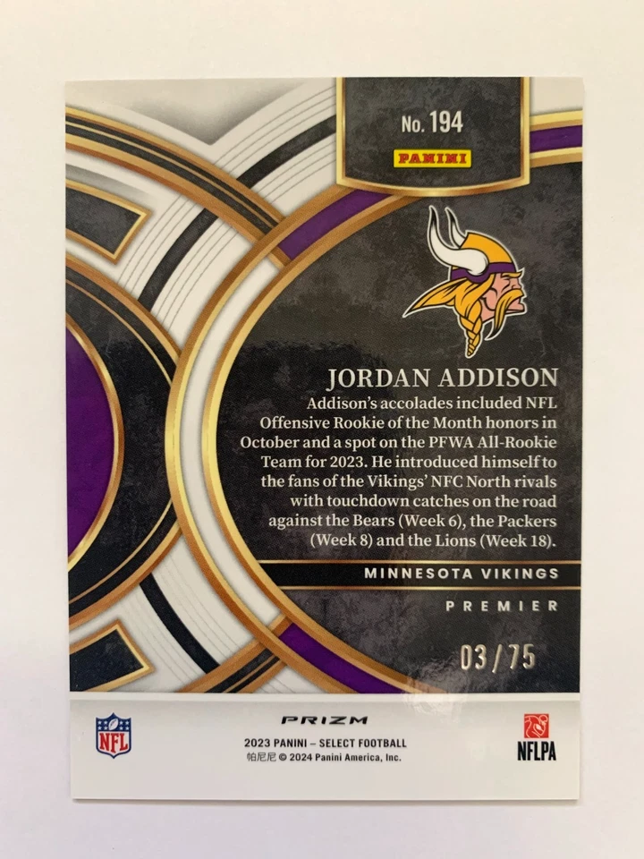 2023 JORDAN ADDISON ROOKIE /75 SELECT PURPLE PREMIER LEVEL #194 RC - Image 2 of 2