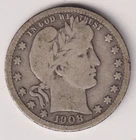 1908 D BARBER QUARTER DOLLAR 90% SILVER DENVER .25¢ UNITED STATES AMERICA