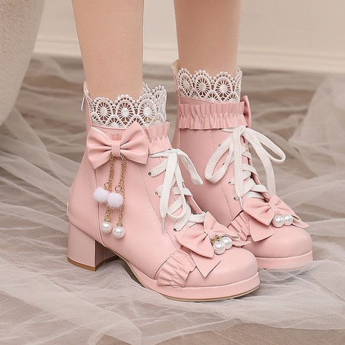 Women's Pearl Bowknot Mid Block Heels Lace Up Ankle Boots Sweet Lolita Style Zip