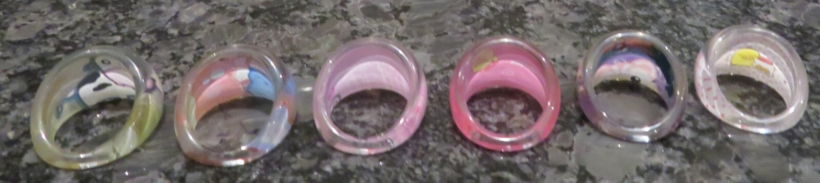 Set of 6 Resin Murano Style Childs Rings Different Colours, Patterns.