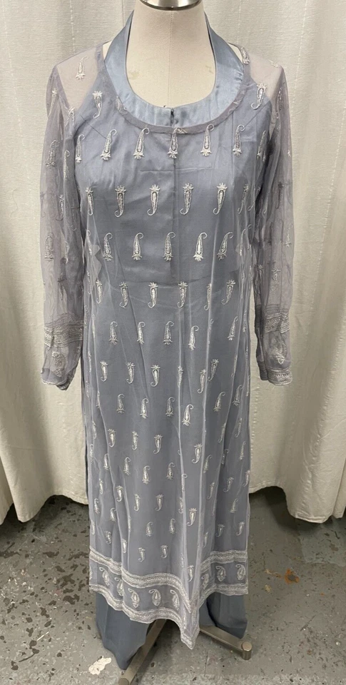 Designer Salwar Kameez 4 Pc Set Medium Silk Net Overlay Halter Top Kurta Dupatta - Image 3 of 4