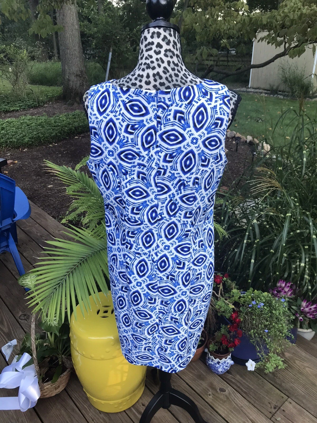 Alyx Vestito Tubino Blu Bianco Geometrico Zip Schiena Poliestere Spandex Tg 14 G2