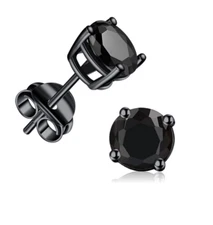 Black Sterling Silver Cubic Zirconia Stud Earrings for Men or Women 6mm