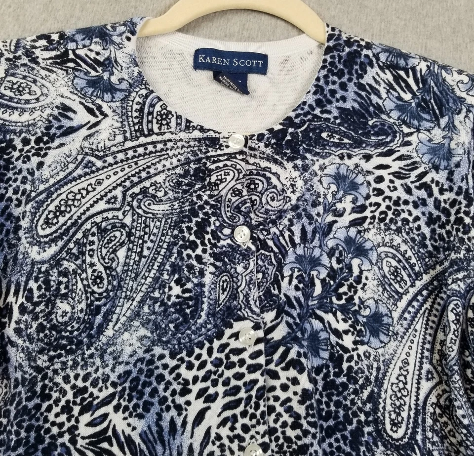 Cardigã suéter feminino KAREN SCOTT pequeno S paisley leopardo manga longa elástico - Imagem 2 de 4