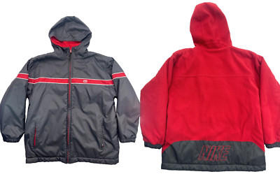 Vintage Nike Jacket Men Large Grey Red Reversible Hooded Fleece Windbreaker Y2K
