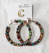 Charming Charlie Leverback Hoop Multicolor Bead Wrapped Earrings J2-1183