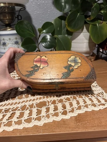 Vintage 1950s Wooden Trinket Box With Inlay/ Carved Flowers & Designs. Unique