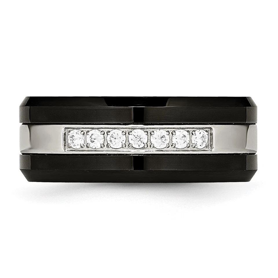 Anillo de acero inoxidable pulido de cerámica negra con borde biselado de circonita cúbica talla 11 Foto 4 de 4
