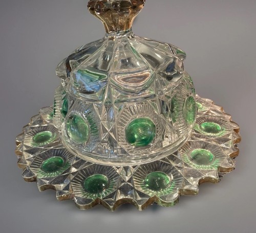 Antique EAPG Domed Butter Dish US Glass Co. Green Newport 15117 Bullseye & Daisy