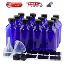 12 Pack 8 oz Cobalt Blue Glass Bottles, 240ml Boston Round Sample Bottles wit...