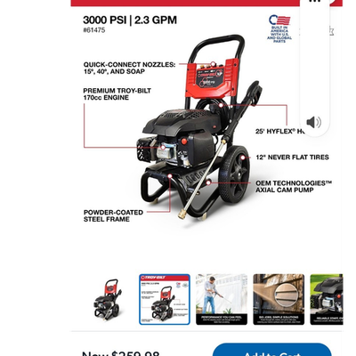 #ad Troy Bilt XP 3000 PSI Gas Pressure Washer 170cc Quick Connect Soap Tank $329.46