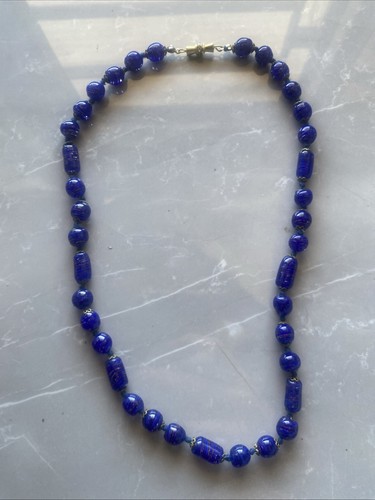 Venetian Glass Pearl Necklace Blue Adventurine Gold Murano Style Vintage Italy