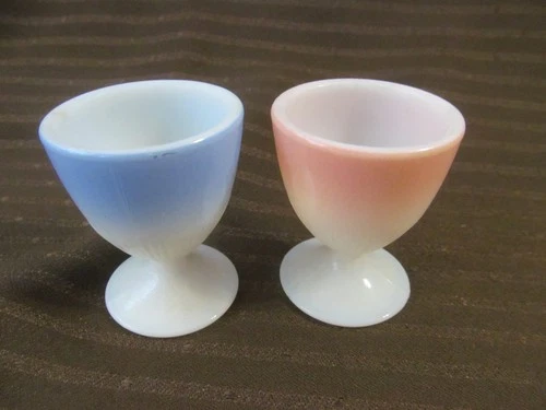 2 Vintage 1940s MacBeth Evans Milk Glass Egg Cups~Fired On Blue Pink Color