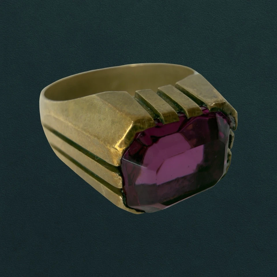 ВИНТАЖ ✨ Арт-деко печатка огранки стекла рубин аметист мужское кольцо 9,75 золото латуни - Изображение 2 из 4