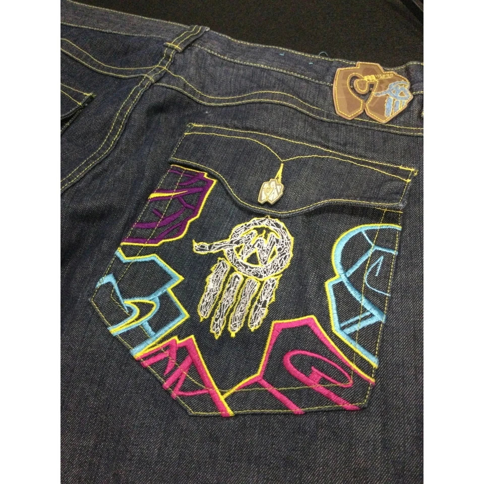 Miskeen JEANS MEN sz 42 DARK WASH EMBROIDERED POCKETS FLARE LEG - Image 4 of 4