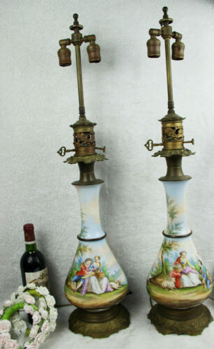 XXL PAIR antique French vieux paris porcelain hand paint table lamps romantic - Picture 1 of 8