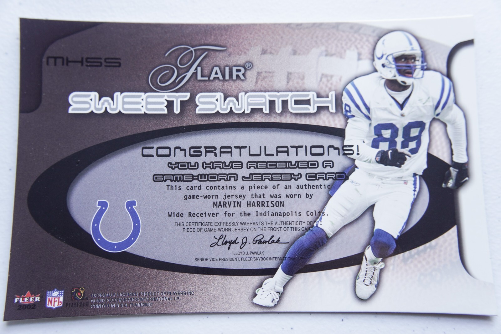 2002 FLAIR MARVIN HARRISON SWEET SWATCH GAME USED JERSEY CARD BOX TOP 5X7 view 3