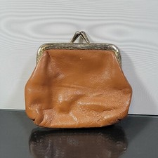 Vintage Genuine Leather Brown Coin Purse Wallet Made In Hong Kong Golden Clasp
