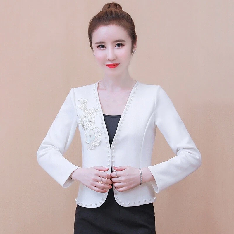 Lady Embroidered Blazer Suit Jacket Offiice Open Front Elegant Evening Coat Slim