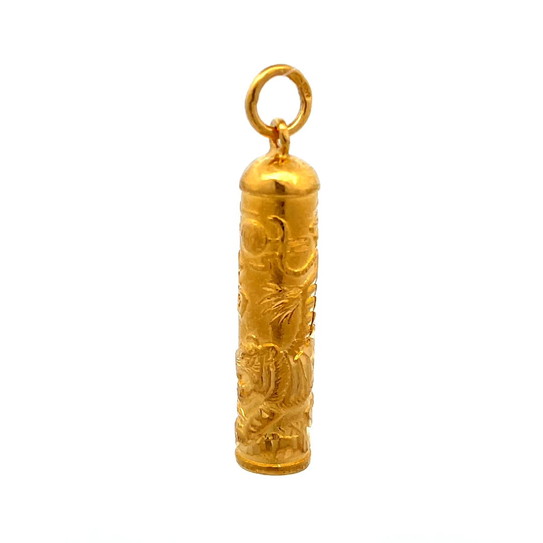 24K Solid Yellow Gold Zodiac 3D Tiger Hollow Column Pendant