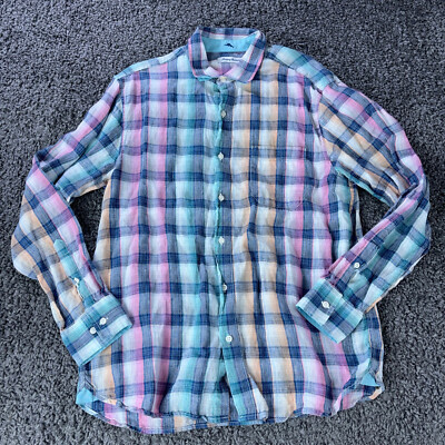 Tommy Bahama Shirt 100% Linen Mens Large Plaid Multicolor Button Up Long Sleeve