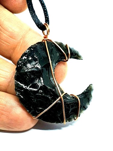 Obsidian Moon Necklace Pendant Copper Wire Wrapped Crystal Gemstone Protection - Picture 2 of 14