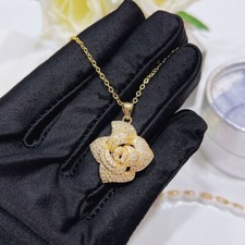 2.00 Ct Simulated Round Diamond Rose Flower Pendant 14K Yellow Gold Plated Chain